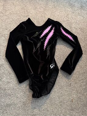 GK Elite Black Velvet Kids Long Sleeve Leotard with Pink Accents Sz CL